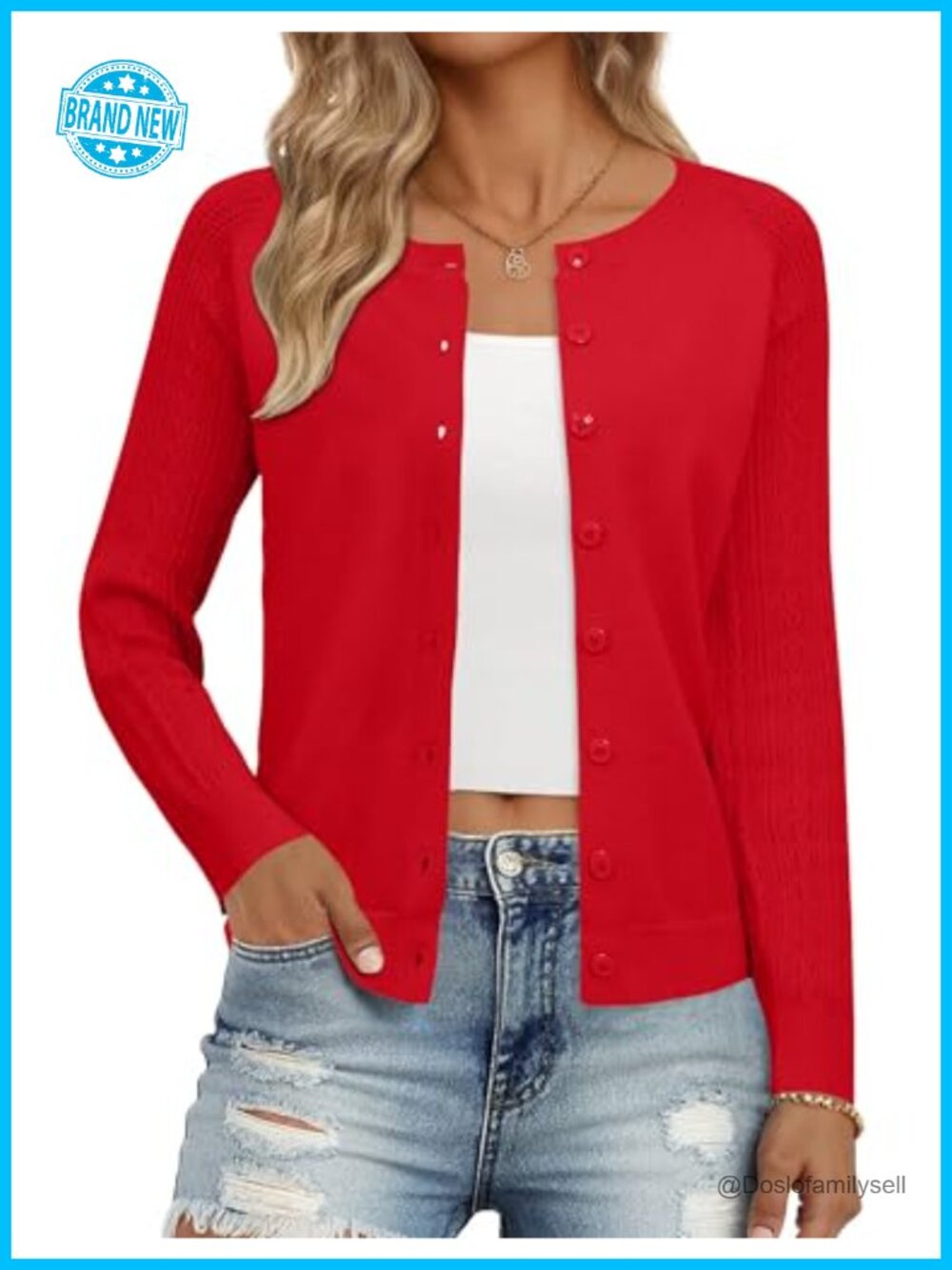 Button Up Textured Sleeve Cardigan Sweater Cable Knit Crew Neck